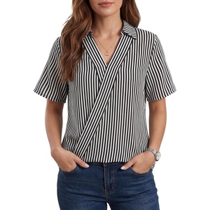 image:imageLYANER Womens Striped Collared V Neck Short Sleeve Loose Business Casual Blouse TopsBlack