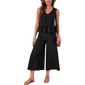 image:imageLYANER Womens Summer 2 Piece Outfits Peplum Ruffle Sleeveless Babydoll Tank Top Capri Wide Leg Pants SetSolid Black
