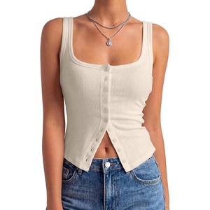 image:imageLYANER Womens Summer Cute Tops Square Neck Sleeveless Eyelet Button Down Tank Top BlousesBeige
