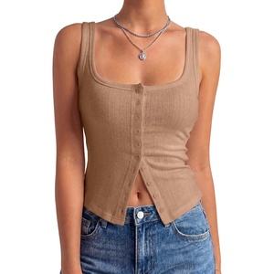 image:imageLYANER Womens Summer Cute Tops Square Neck Sleeveless Eyelet Button Down Tank Top BlousesDark Khaki