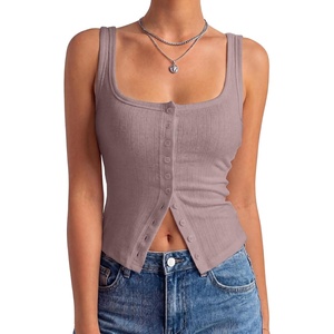 image:imageLYANER Womens Summer Cute Tops Square Neck Sleeveless Eyelet Button Down Tank Top BlousesKhaki