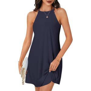 image:imageLYANER Womens Summer Halter Dresses Sleeveless Ruffle Hem A Line Swing Loose Mini DressDark Blue
