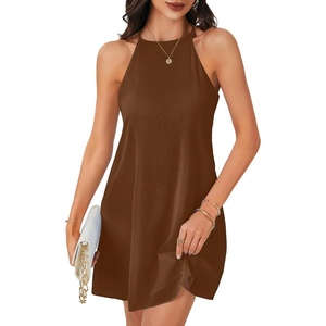 image:imageLYANER Womens Summer Halter Dresses Sleeveless Ruffle Hem A Line Swing Loose Mini DressDark Brown