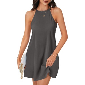 image:imageLYANER Womens Summer Halter Dresses Sleeveless Ruffle Hem A Line Swing Loose Mini DressDark Grey