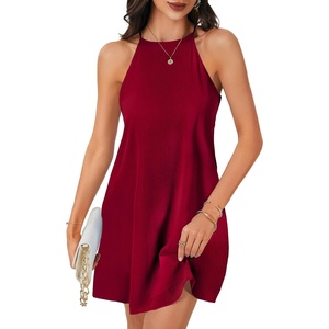 image:imageLYANER Womens Summer Halter Dresses Sleeveless Ruffle Hem A Line Swing Loose Mini DressWine Red