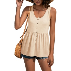 image:imageLYANER Womens Summer Sleeveless Peplum Button Ruffle Hem Flowy Babydoll Tank TopsBeige