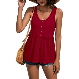 image:imageLYANER Womens Summer Sleeveless Peplum Button Ruffle Hem Flowy Babydoll Tank TopsBurgundy