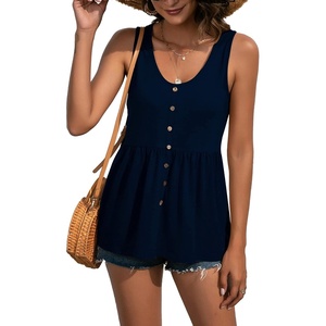 image:imageLYANER Womens Summer Sleeveless Peplum Button Ruffle Hem Flowy Babydoll Tank TopsDark Blue