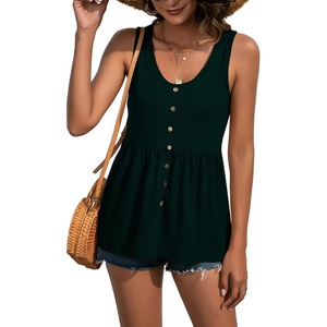 image:imageLYANER Womens Summer Sleeveless Peplum Button Ruffle Hem Flowy Babydoll Tank TopsDark Green