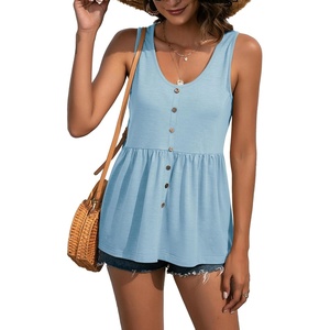 image:imageLYANER Womens Summer Sleeveless Peplum Button Ruffle Hem Flowy Babydoll Tank TopsLight Blue