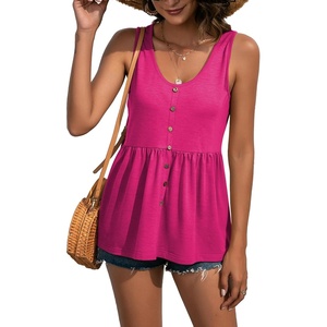 image:imageLYANER Womens Summer Sleeveless Peplum Button Ruffle Hem Flowy Babydoll Tank TopsRose