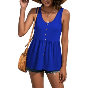 image:imageLYANER Womens Summer Sleeveless Peplum Button Ruffle Hem Flowy Babydoll Tank TopsRoyal Blue