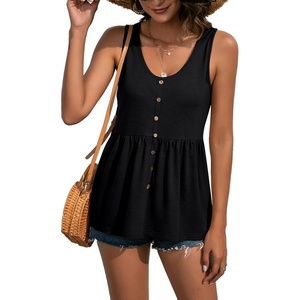 image:imageLYANER Womens Summer Sleeveless Peplum Button Ruffle Hem Flowy Babydoll Tank TopsSolid Black
