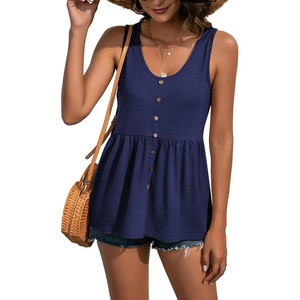 image:imageLYANER Womens Summer Sleeveless Peplum Button Ruffle Hem Flowy Babydoll Tank TopsSolid Navy