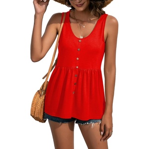 image:imageLYANER Womens Summer Sleeveless Peplum Button Ruffle Hem Flowy Babydoll Tank TopsSolid Red