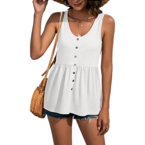 image:imageLYANER Womens Summer Sleeveless Peplum Button Ruffle Hem Flowy Babydoll Tank TopsWhite