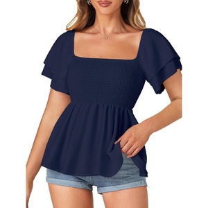 image:imageLYANER Womens Summer Smocked Peplum Top Square Neck Short Sleeve Ruffle Hem Blouse Babydoll ShirtDark Blue