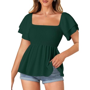 image:imageLYANER Womens Summer Smocked Peplum Top Square Neck Short Sleeve Ruffle Hem Blouse Babydoll ShirtDark Green