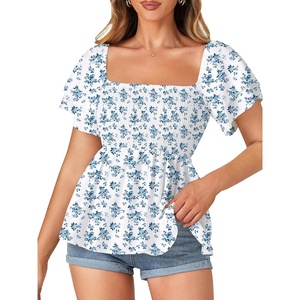 image:imageLYANER Womens Summer Smocked Peplum Top Square Neck Short Sleeve Ruffle Hem Blouse Babydoll ShirtFloral Blue