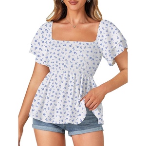 image:imageLYANER Womens Summer Smocked Peplum Top Square Neck Short Sleeve Ruffle Hem Blouse Babydoll ShirtFloral Light Blue