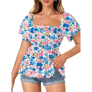 image:imageLYANER Womens Summer Smocked Peplum Top Square Neck Short Sleeve Ruffle Hem Blouse Babydoll ShirtFloral Multicolor