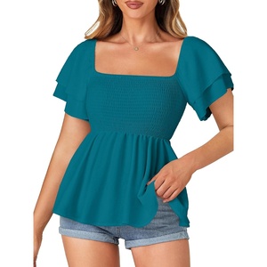 image:imageLYANER Womens Summer Smocked Peplum Top Square Neck Short Sleeve Ruffle Hem Blouse Babydoll ShirtLake Blue