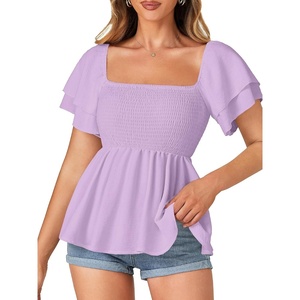 image:imageLYANER Womens Summer Smocked Peplum Top Square Neck Short Sleeve Ruffle Hem Blouse Babydoll ShirtLavender
