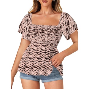 image:imageLYANER Womens Summer Smocked Peplum Top Square Neck Short Sleeve Ruffle Hem Blouse Babydoll ShirtLeopard Beige