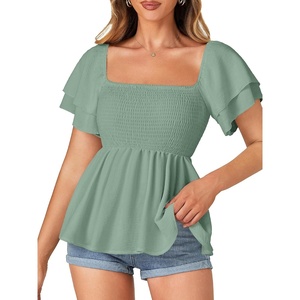 image:imageLYANER Womens Summer Smocked Peplum Top Square Neck Short Sleeve Ruffle Hem Blouse Babydoll ShirtLight Bean Green