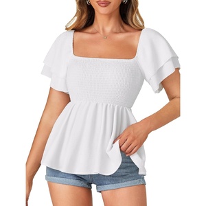 image:imageLYANER Womens Summer Smocked Peplum Top Square Neck Short Sleeve Ruffle Hem Blouse Babydoll ShirtWhite