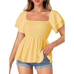 image:imageLYANER Womens Summer Smocked Peplum Top Square Neck Short Sleeve Ruffle Hem Blouse Babydoll ShirtYellow