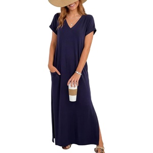 image:imageLYANER Womens V Neck Short Sleeve Side Split Casual Beach Long Dress with PocketsNavy Blue