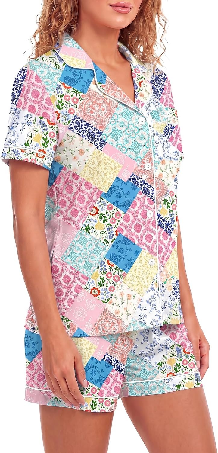 image:imageLYANER Womens Pajamas Set Heart Print Button Short Sleeve Shirt With Shorts Sleepwear Pjs Lounge SetFloral Multicolored