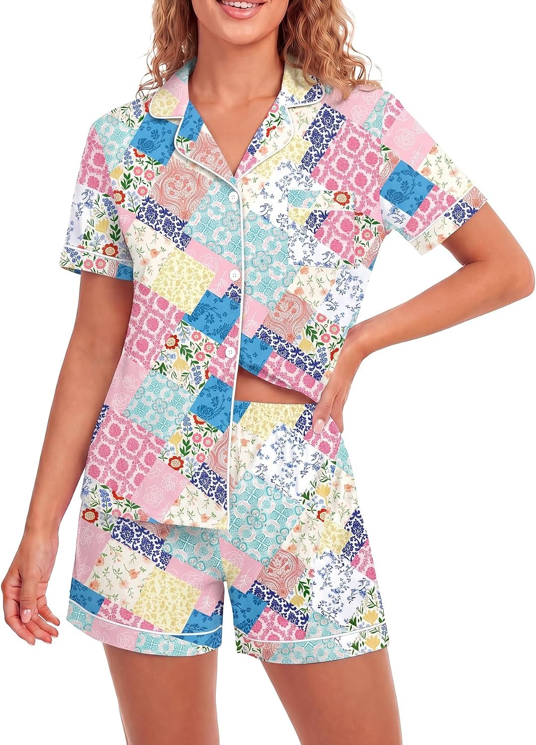 image:imageLYANER Womens Pajamas Set Heart Print Button Short Sleeve Shirt With Shorts Sleepwear Pjs Lounge SetFloral Multicolored