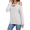 image:imageLYANER Womens Casual Cold Shoulder Hollow Out Solid Long Sleeve Blouse Tunic Shirts TopLight Gray