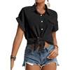 image:imageLYANER Womens Casual Collared Rolled Up Cap Sleeves Button Down Work Blouse Shirt TopsBlack