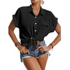 image:imageLYANER Womens Casual Collared Rolled Up Cap Sleeves Button Down Work Blouse Shirt TopsBlack