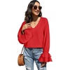 image:imageLYANER Womens Casual V Neck Tiered Ruffle Bell Long Sleeve Blouse Shirt Tunic TopSolid Red