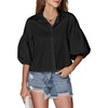 image:imageLYANER Womens Collar V Neck Button Down Lantern Short Sleeve Blouse Crop Top ShirtBlack