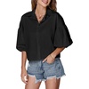 image:imageLYANER Womens Collar V Neck Button Down Lantern Short Sleeve Blouse Crop Top ShirtBlack