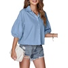image:imageLYANER Womens Collar V Neck Button Down Lantern Short Sleeve Blouse Crop Top ShirtHaze Blue