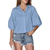 image:imageLYANER Womens Collar V Neck Button Down Lantern Short Sleeve Blouse Crop Top ShirtHaze Blue
