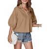 image:imageLYANER Womens Collar V Neck Button Down Lantern Short Sleeve Blouse Crop Top ShirtKhaki