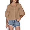 image:imageLYANER Womens Collar V Neck Button Down Lantern Short Sleeve Blouse Crop Top ShirtKhaki