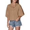 image:imageLYANER Womens Collar V Neck Button Down Lantern Short Sleeve Blouse Crop Top ShirtKhaki