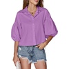 image:imageLYANER Womens Collar V Neck Button Down Lantern Short Sleeve Blouse Crop Top ShirtLight Purple