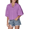 image:imageLYANER Womens Collar V Neck Button Down Lantern Short Sleeve Blouse Crop Top ShirtLight Purple