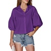 image:imageLYANER Womens Collar V Neck Button Down Lantern Short Sleeve Blouse Crop Top ShirtPurple