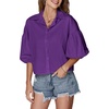 image:imageLYANER Womens Collar V Neck Button Down Lantern Short Sleeve Blouse Crop Top ShirtPurple