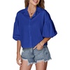 image:imageLYANER Womens Collar V Neck Button Down Lantern Short Sleeve Blouse Crop Top ShirtRoyal Blue